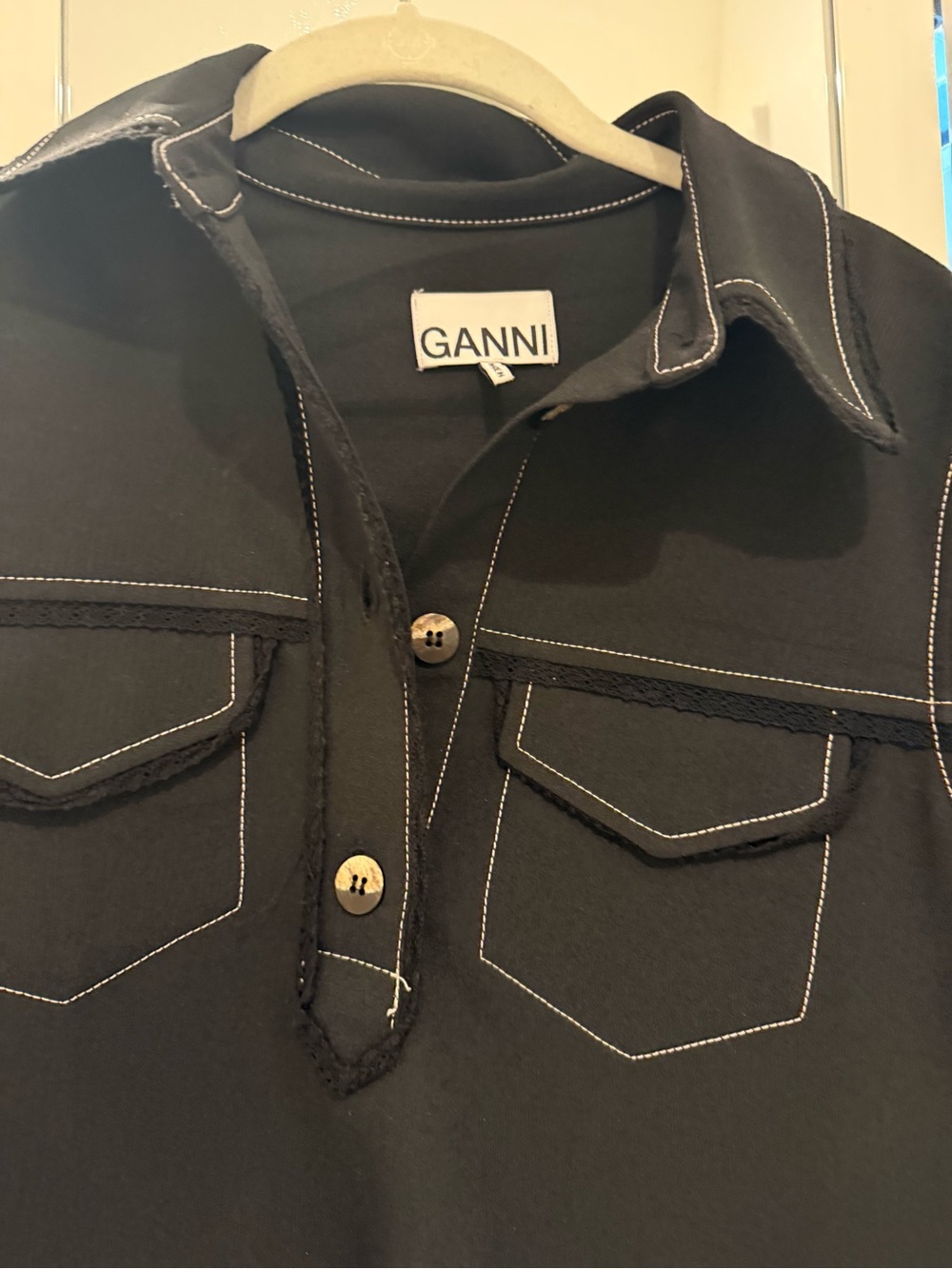 GANNI Black Contrast-Stitch Polo Shirt dress